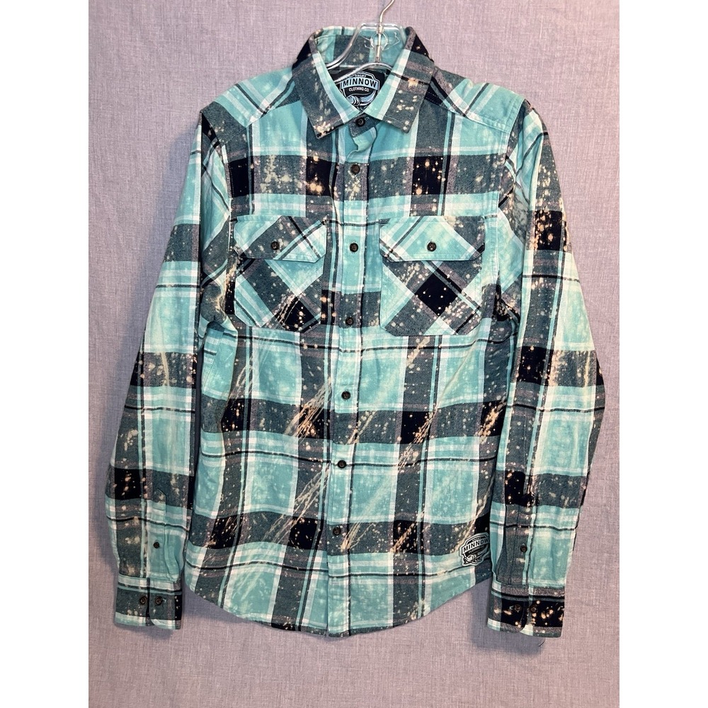 Angry‎ Minnow Shirt Mens Small Blue Black Flannel Drink Wine Graphic Distressed